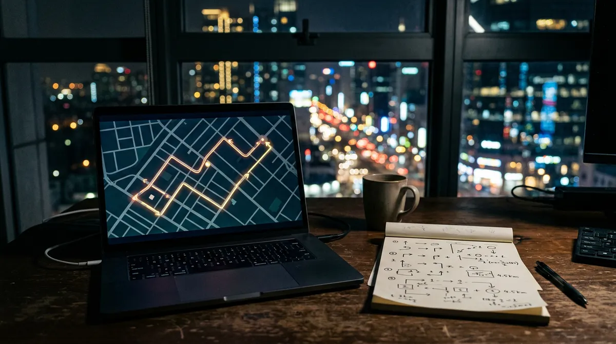 Ноутбук с картой и блокнот с заметками у окна в полумраке офиса